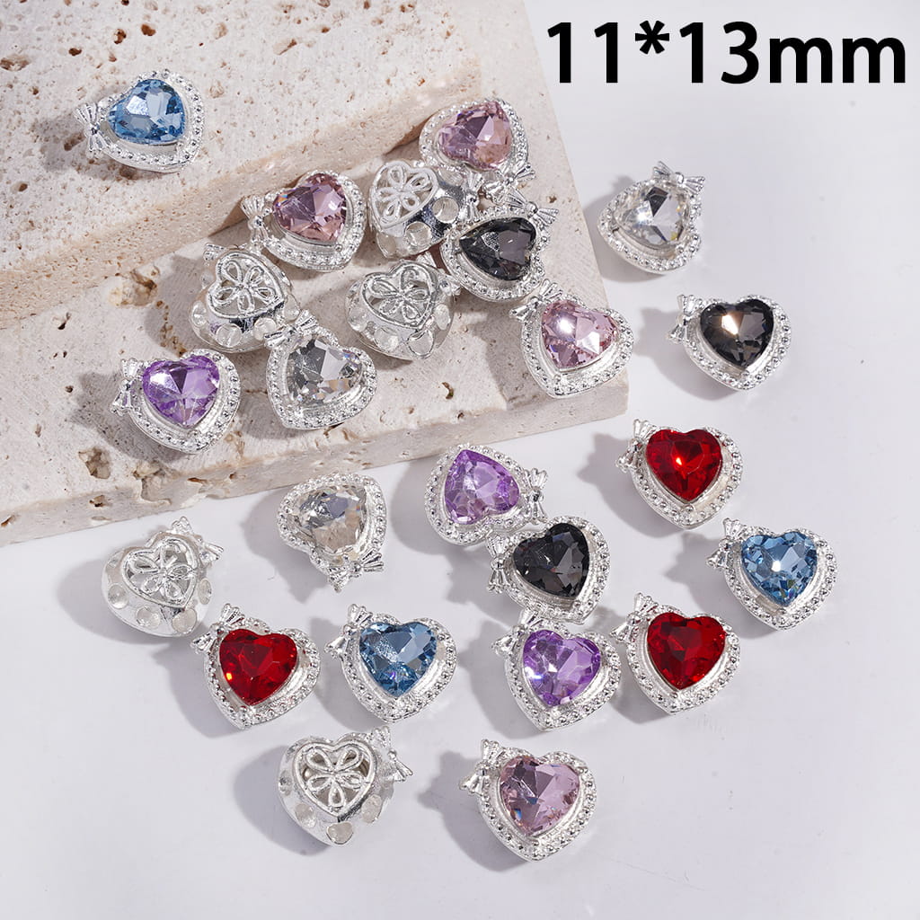 Alloy Heart Beads with Bowtie & Rhinestone & Hollow Five-Petal Flower Back Design 11*13MM, Random Mix