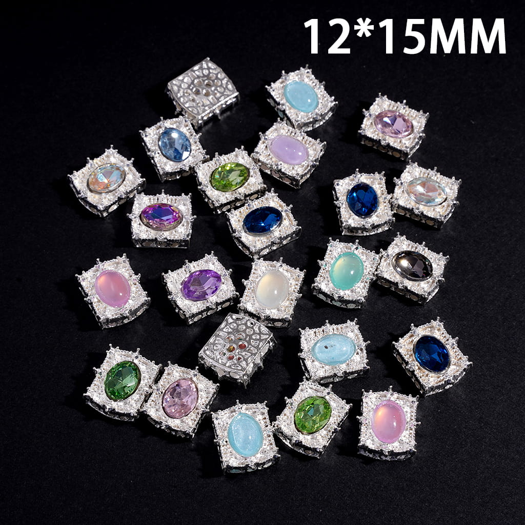 Decorative Alloy Square Beads Silver Edge with Oval Rhinestone & Lace Cut-Out Back 12*15MM Random Mix (Can't Used for Pen)