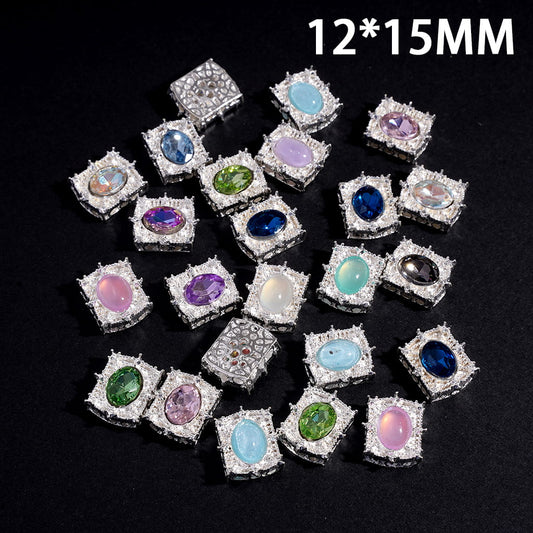 Decorative Alloy Square Beads Silver Edge with Oval Rhinestone & Lace Cut-Out Back 12*15MM Random Mix (Can't Used for Pen)