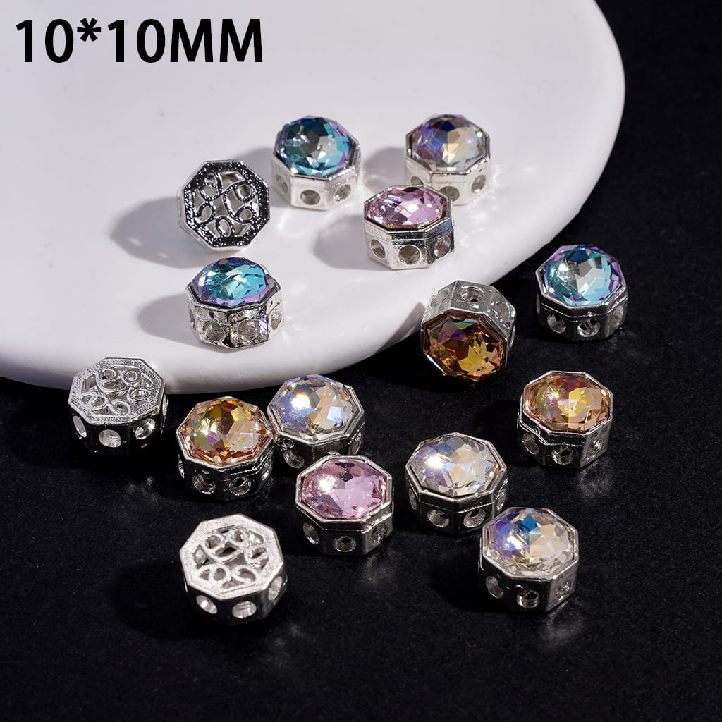 Alloy Octagon Beads Rhinestone with Floral Scroll Cutout Back, 10*10MM, Random Mix (Can't Used for Pen)