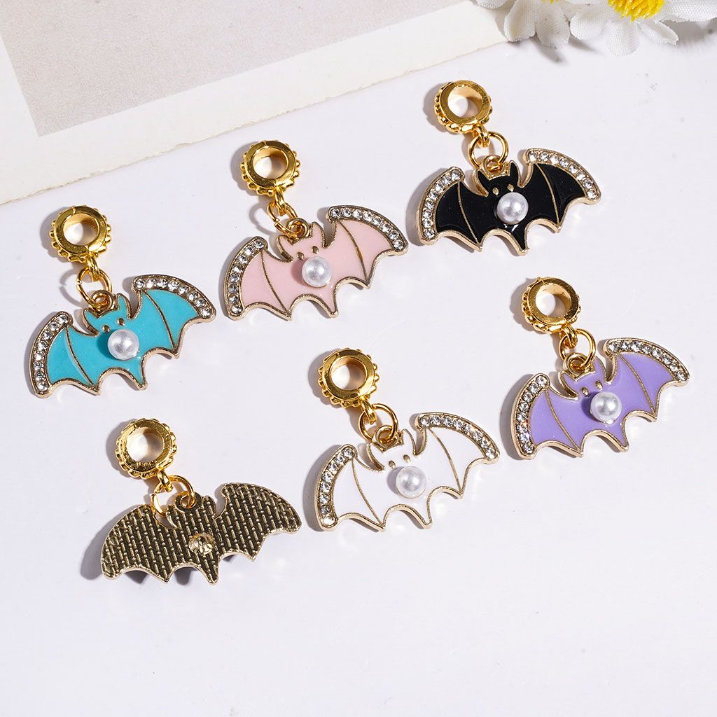 Gold Metal Bail Round Loop Beads, Charm Pendants Bat with White Pearl and Clear Rhinestones, Jewelry Accessory Random Mix Multi-Color