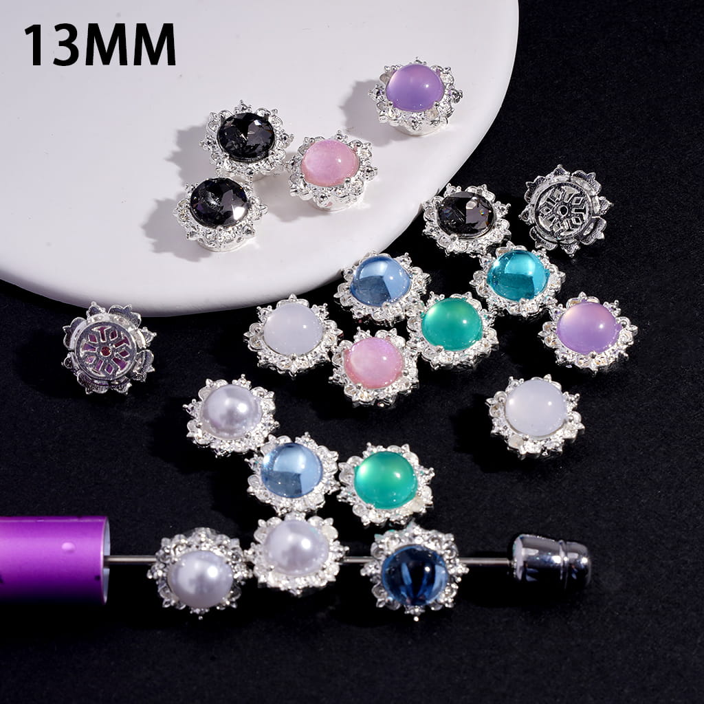 Silver Color Metal Cupcake Beads with Sunflower Edge, Half-Round Rhinestone & Hollow Floral Back Design 13MM Random Mix