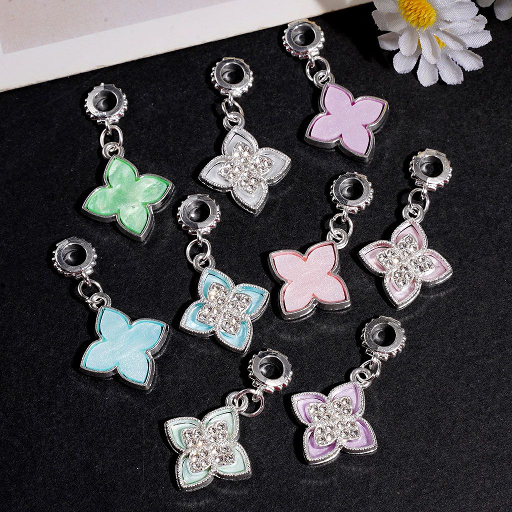 Silver Metal Bail Jump Ring Beads, Charm Pendants Four Leaf Glover with Clear Rhinestones, Multi-Color Random Mix