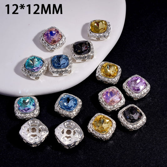 Alloy Square Jewelry Beads with Crystal Rhinestone & Floral Chrysanthemum Flower on Back, 12*12MM, Random Mix (Can't Used for Pen)