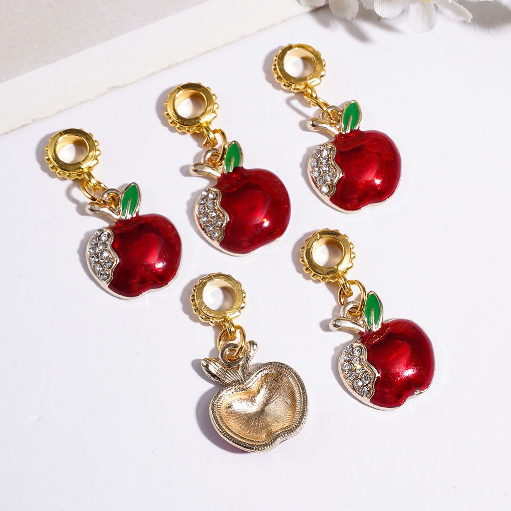 Gold Alloy Bail Loop Beads, Hanging Charm Pendants Red Apple with Clear Rhinestones, Jewelry Accessories
