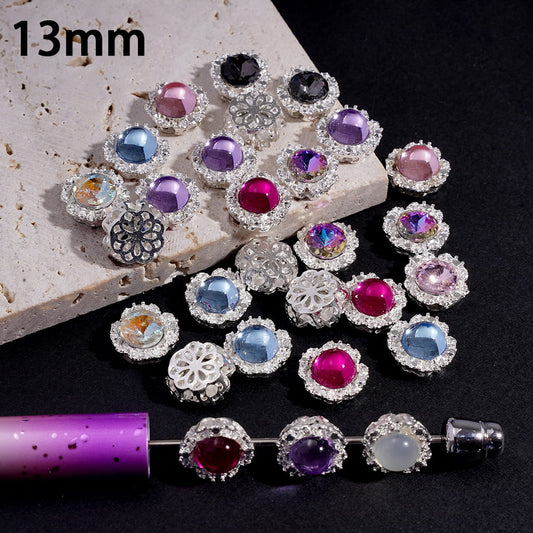 Silver Alloy Beads Short Cross Edge, Half-Round Rhinestone & Hollow Floral Back Design 13MM Random Mix