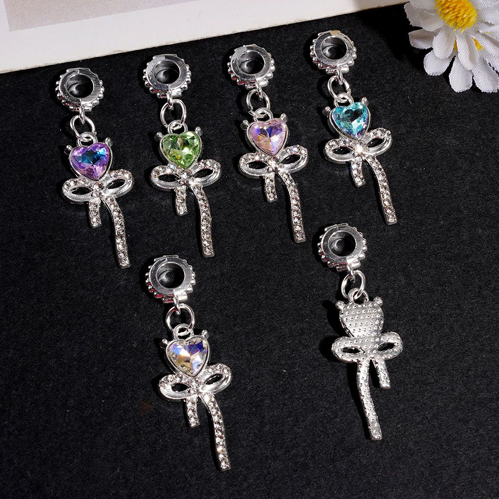 Silver Alloy Bail Loop Beads with Charm Pendants Bowtie with Heart Shaped Crystal and Shiny Rhinestones, Multi-Color Random Mix