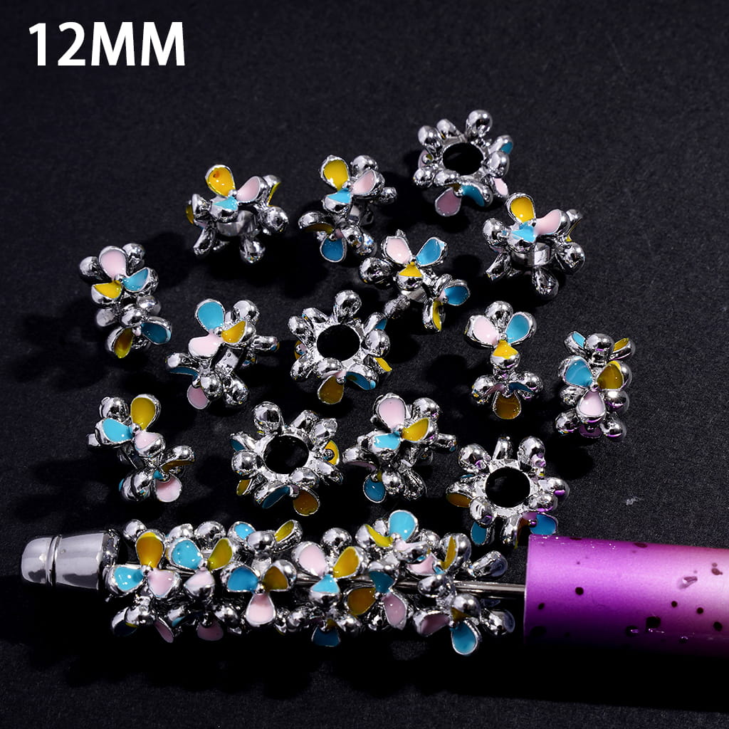 Silver Alloy Beads Three Color Flowers Floral Design Big Hole Beads, 12MM (The Hole Diameter is Around 4MM)
