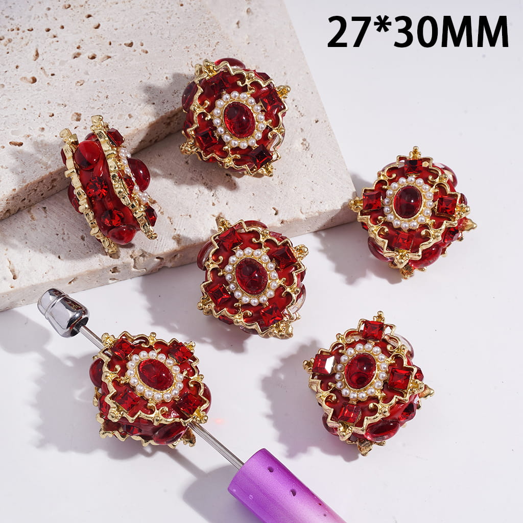 Gold Alloy Square Scroll Frame with Red Rhinestones & White Pearls Clay Bead 27*30MM