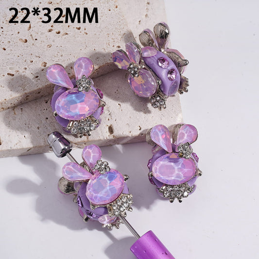 Gold Alloy Bunny with Pink, Purple & Clear Rhinestones Clay Beads 22*32MM