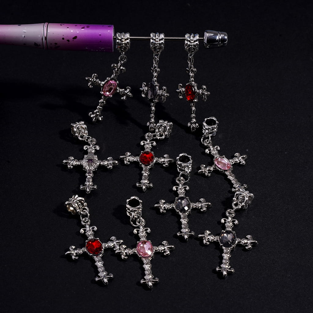 Silver Alloy Beads with Cross Charm Religious and Rhinestones, Random Mix