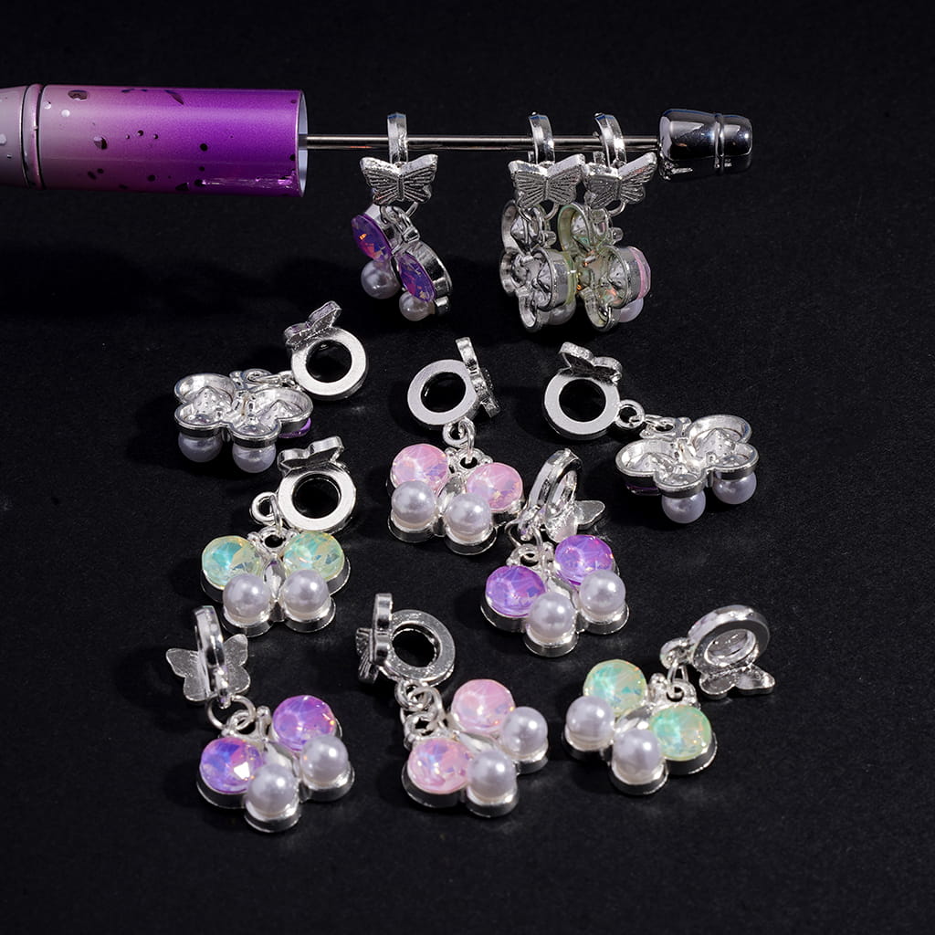 Silver Metal Beads Butterfly Charm with Rhinestones & White Pearls Random Mix
