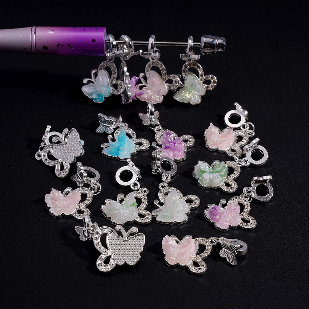 Butterfly Pendant Charm Silver Alloy Beads with Gold Glitter and Clear Rhinestones, Random Mix