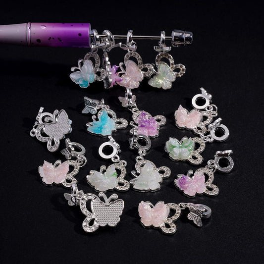 Butterfly Pendant Charm Silver Alloy Beads with Gold Glitter and Clear Rhinestones, Random Mix