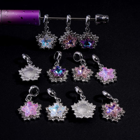 Loop Ring Charm Pendant Crystal Star Flower with Clear Rhinestones Silver Metal Beads Random Mix