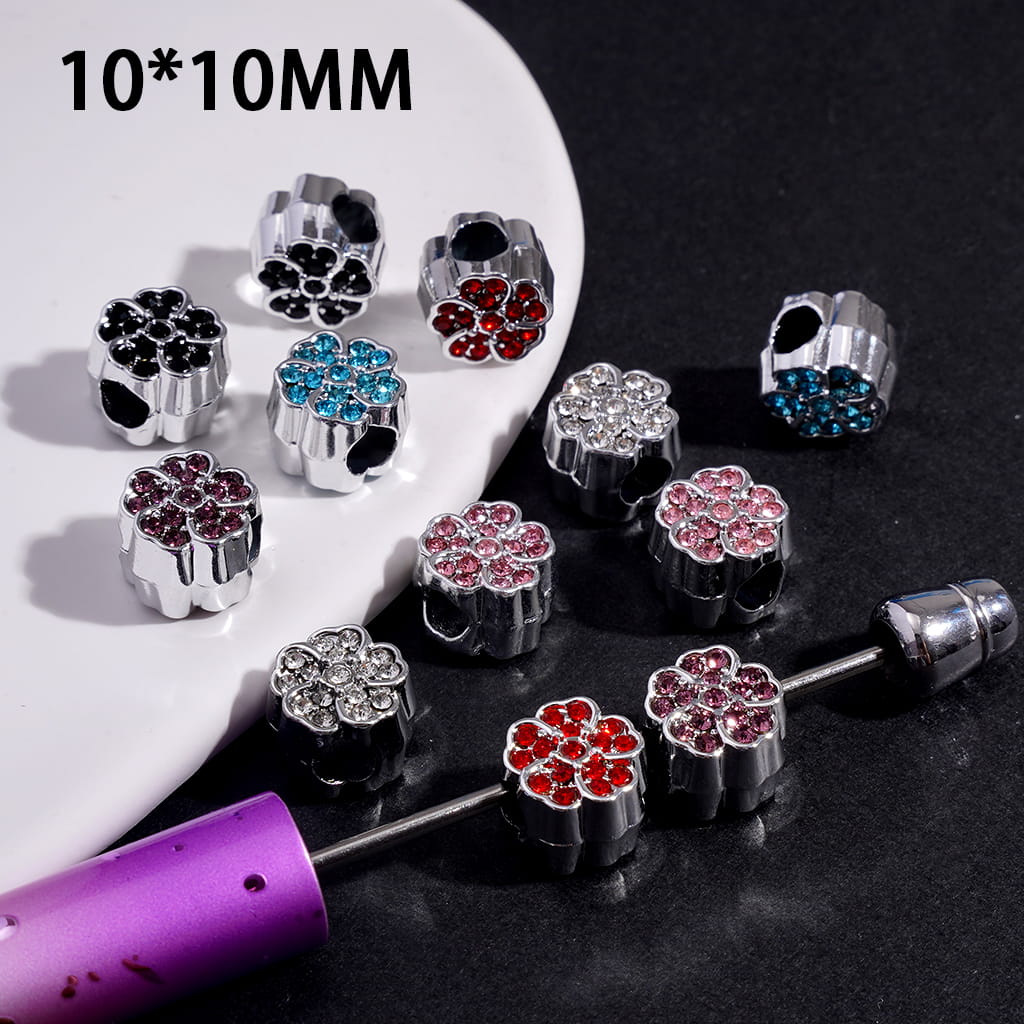 Silver Alloy Beads Heart Shape Flower with Rhinestones, Big Hole Beads 10*10MM, Random Mix (The Hole Diameter is Around 4MM)
