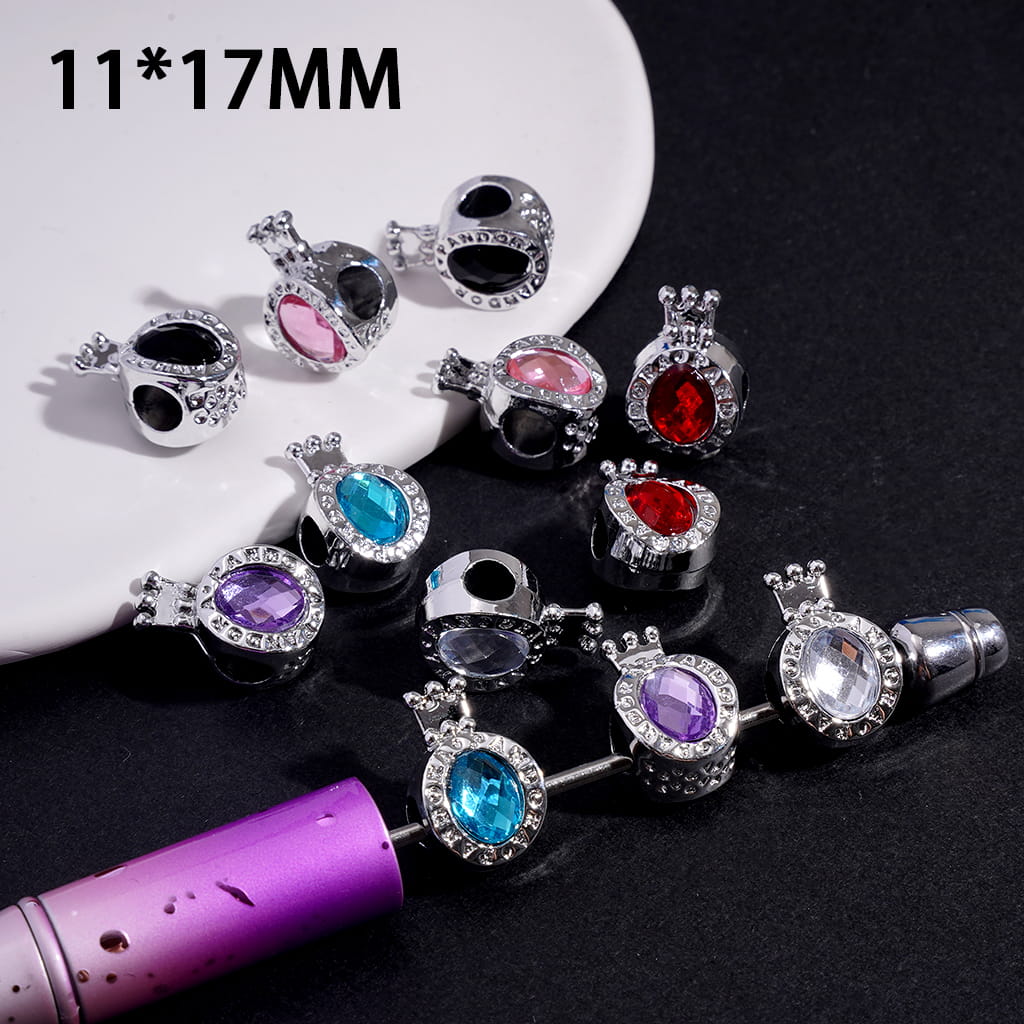 Crown Shape Silver Alloy Beads with Rhinestones, Big Hole Beads, 11*17MM, Horizontal Hole, Random Mix (The Hole Diameter is Around 4MM)