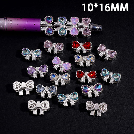 Crystal Heart Bowtie Alloy Beads with Dual Rhinestones & Hollow Back Design 10*16MM, Random Mix
