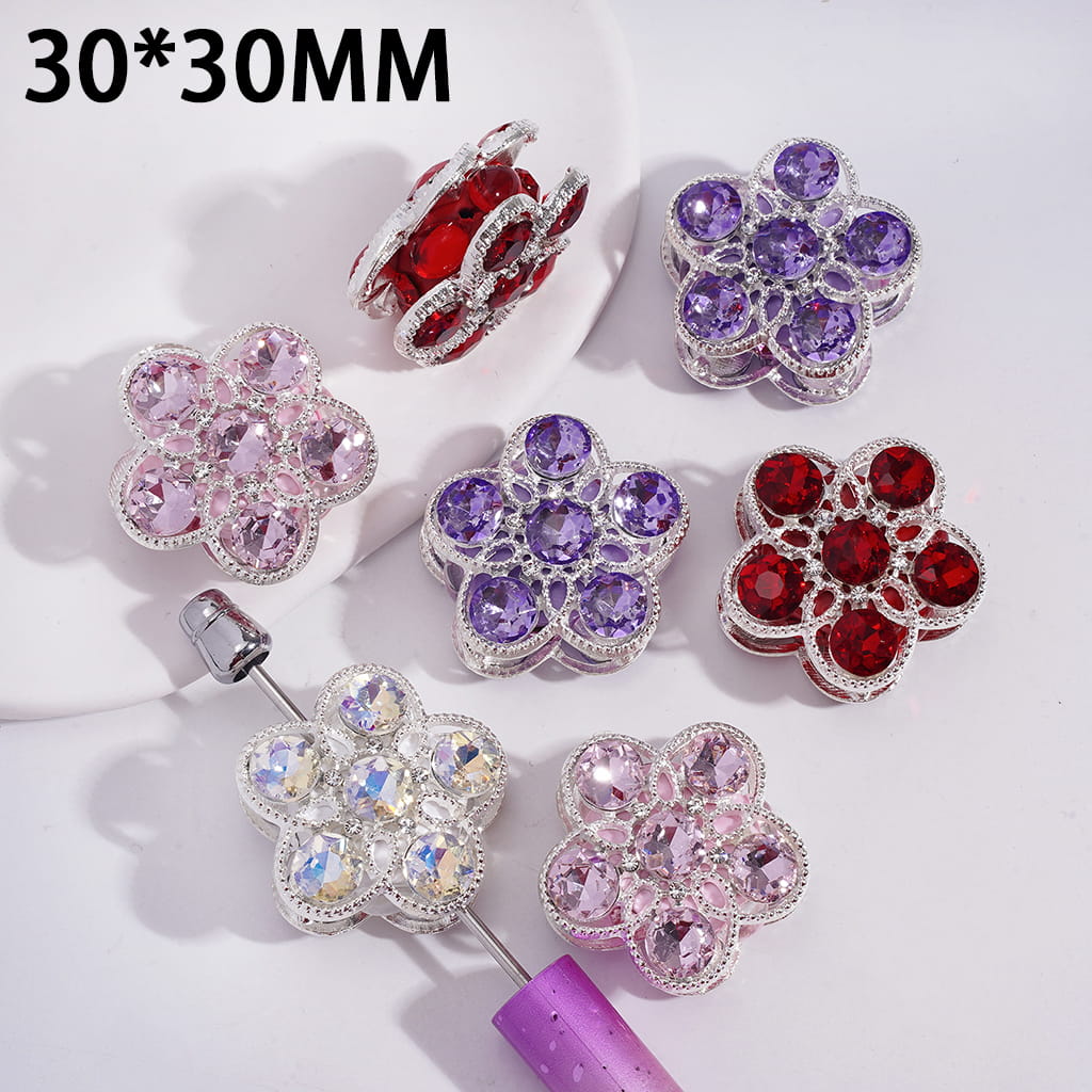 Silver Metal Five-Petaled Flower Frame & Shiny Rhinestones Multi-Color Clay Beads 30*30MM Random Mix