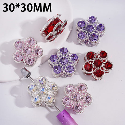 Silver Metal Five-Petaled Flower Frame & Shiny Rhinestones Multi-Color Clay Beads 30*30MM Random Mix