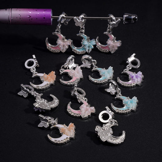 Butterfly Charm Pendants with Crescent Moon Design & Clear Rhinestones with Bowknot Multi-Color Alloy Bail Beads Random Mix