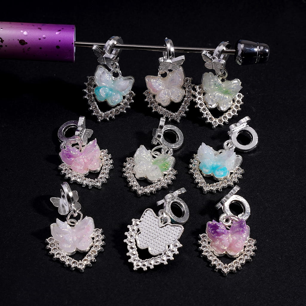 Butterfly Charm Pendants with Heart Frame Design & Clear Rhinestones Alloy Bail Beads Random Mix