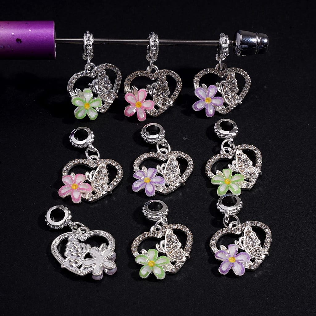 Silver Alloy Heart Frame Charm Beads with Flower & Butterfly Rhinestone Pendants Random Mix