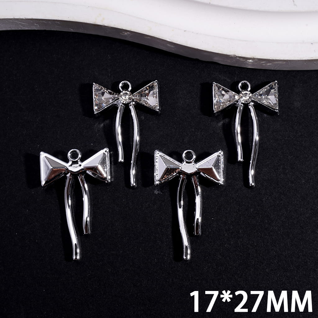 Silver Alloy Bowknot Charm Pendants with Clear Rhinestones, 17*27MM