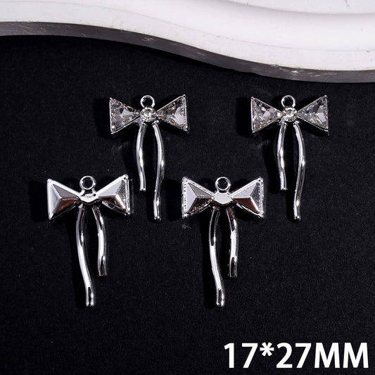 Silver Alloy Bowknot Charm Pendants with Clear Rhinestones, 17*27MM