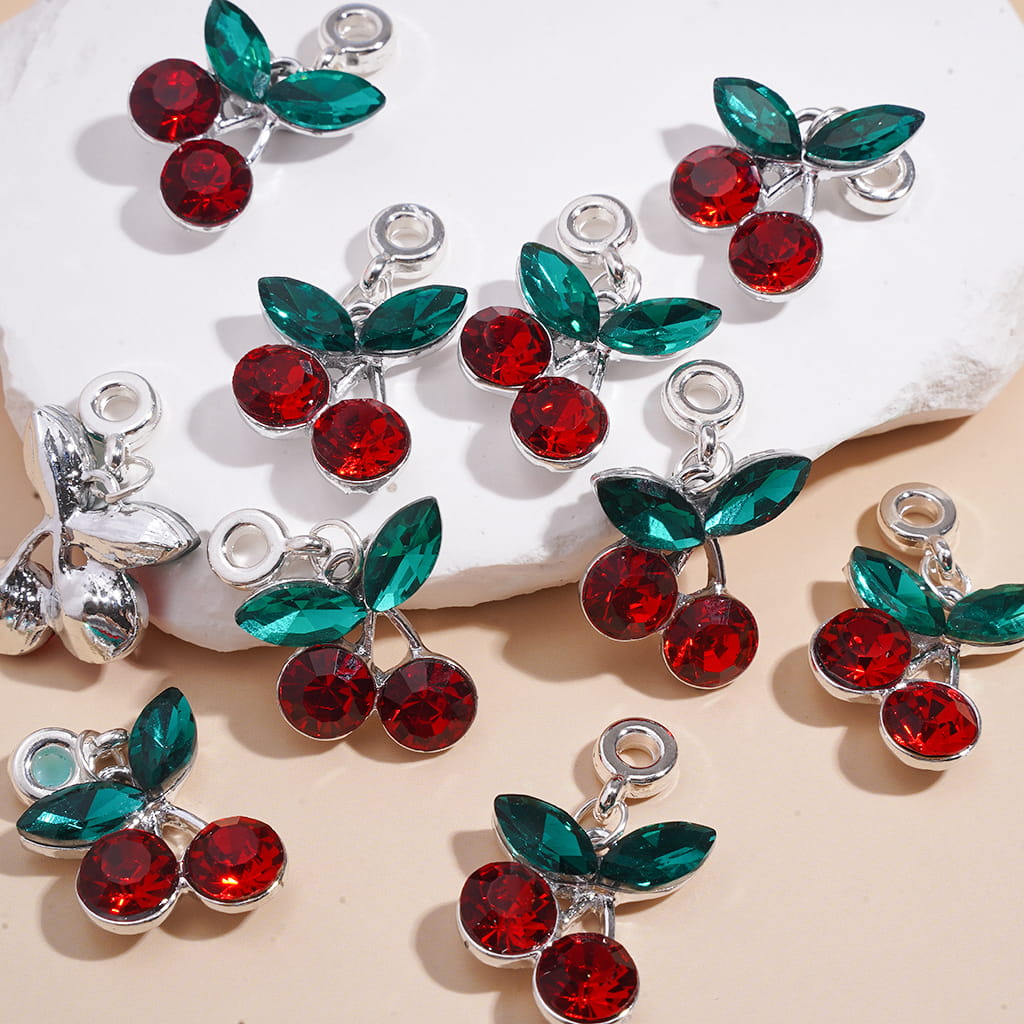 Charm Pendants Cherry with Red Green Rhinestones Silver Alloy Bail Loop Beads For Jewelry Accessories