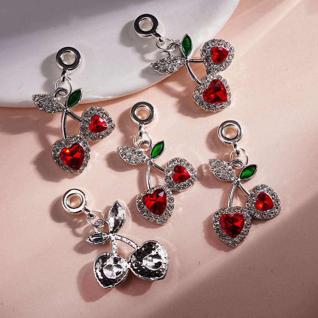 Heart Cherry Alloy Bail Loop Charm Pendants Heart Shaped Cherry with Red & Clear Rhinestones
