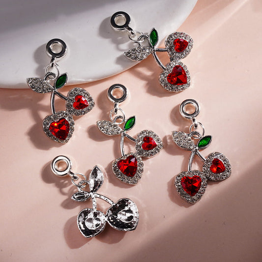 Heart Cherry Alloy Bail Loop Charm Pendants Heart Shaped Cherry with Red & Clear Rhinestones