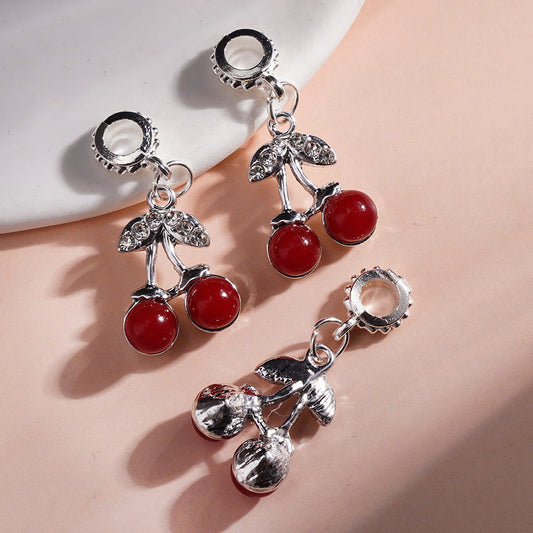 Cherry Charm Pendants with Red Round & Clear Rhinestones Silver Metal Bail Beads Ornament Accessories