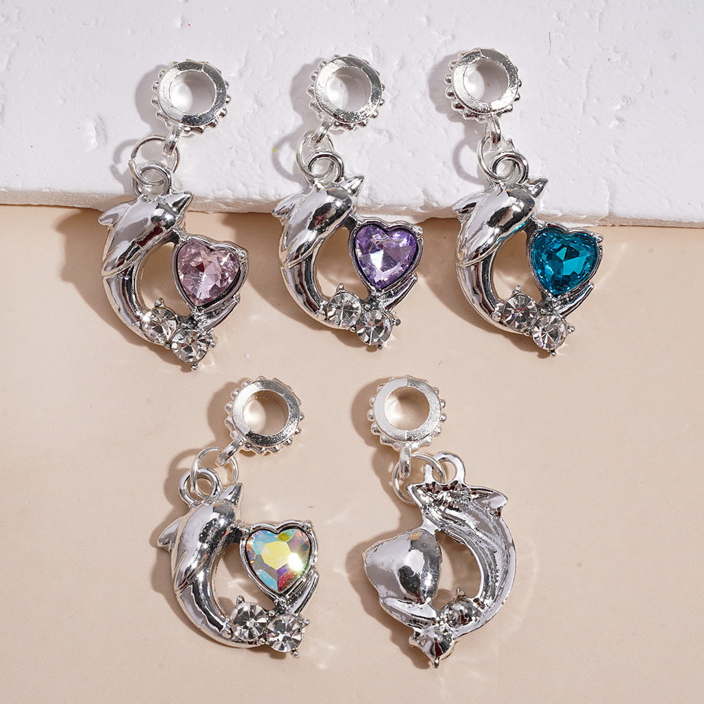 Silver Alloy Dolphin Charm Pendants with Heart & Round Clear Rhinestones Bail Ring Beads Jewelry Accessories, Random Mix