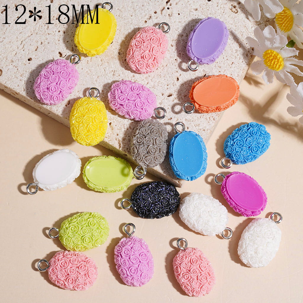 Rose Flower Textured Oval Shaped Acrylic Pendant Charms with Metal Loop, 12*18MM, Multi-Color Random Mix