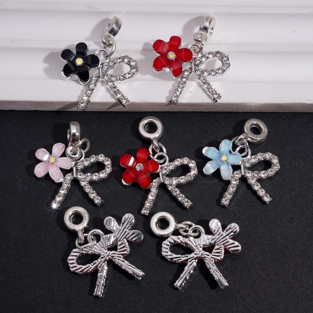 Silver Metal Bail Jump Ring Beads, Charm Pendants Bowtie with Assorted Colors Flower and Clear Rhinestones, Random Mix