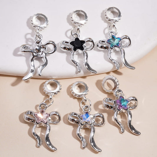Silver Metal Bail Jump Ring Beads & Bowtie Charm Pendants with Colorful Flower & Clear Rhinestones Random Mix