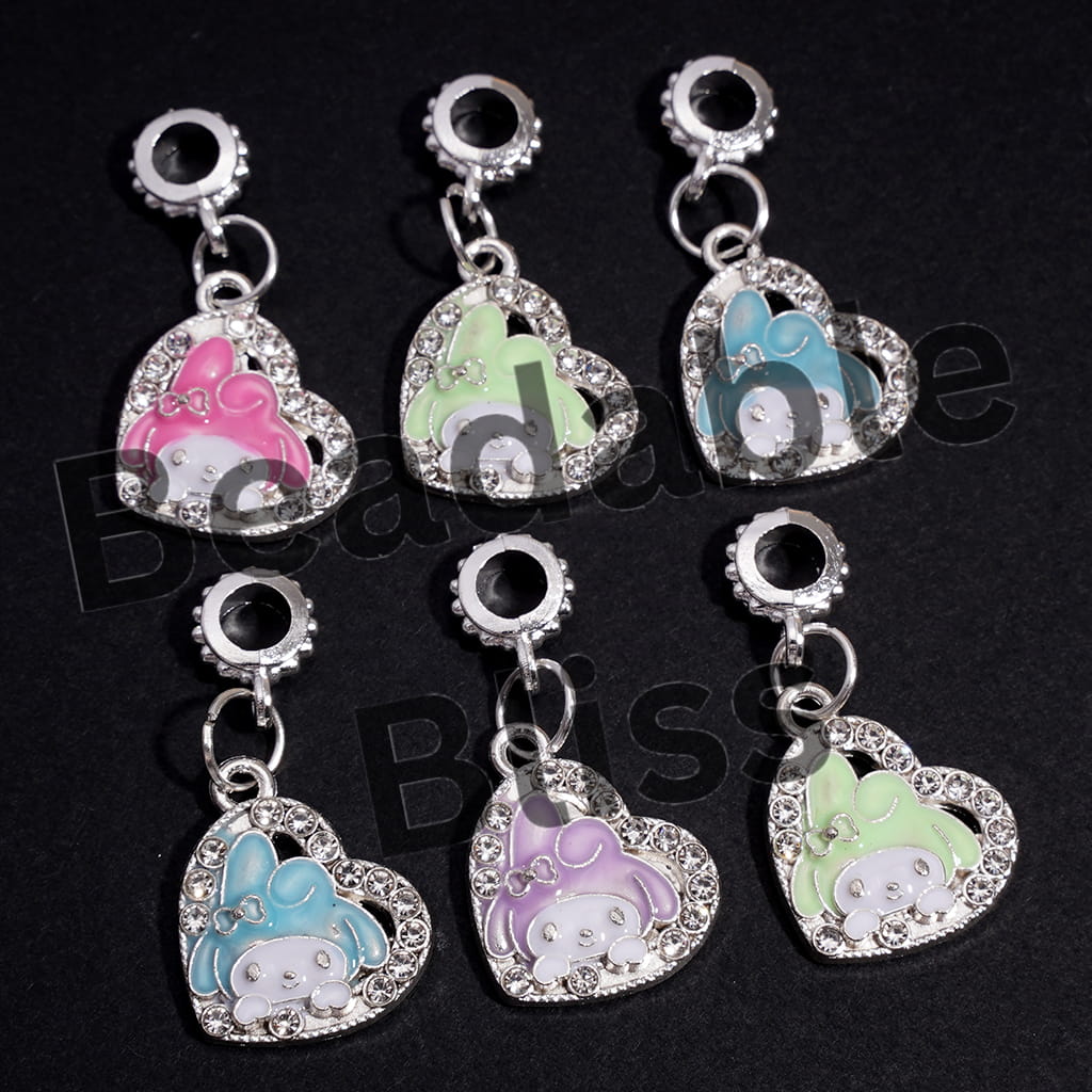 Alloy Bail Jump Ring Beads, Charm Pendants Heart with Bunny-Like Girl Character and Clear Rhinestones, Assorted Colors,  Random Mix