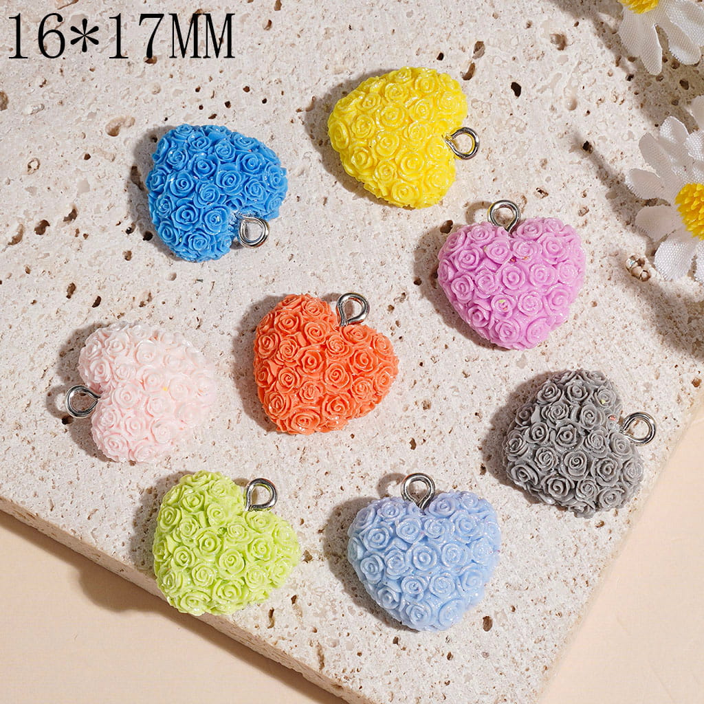 Rose Flower Textured Heart Shaped Acrylic Pendant Charms with Metal Loop, 16*17MM, Multi-Color Random Mix