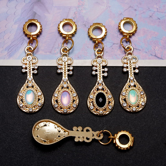 Gold Alloy Bail Beads with Chinese Pipa Musical Instrument Charm Pendants, Rhinestone Accents, Random Mix