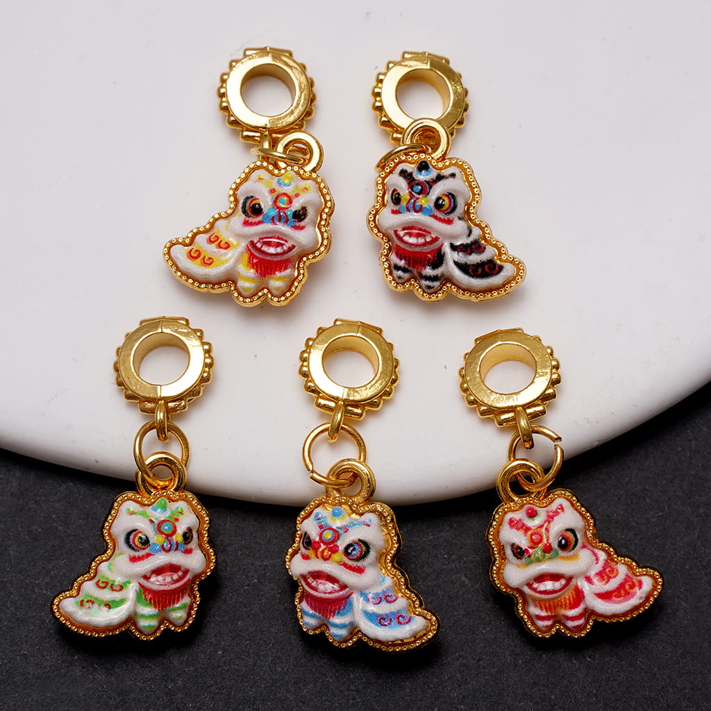Gold Metal Bail Beads with Charm Pendants Traditional Chinese Lion Dance, Random Mix