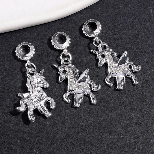 Winged Unicorn Design with Clear and Black Rhinestones Silver Alloy Bail Beads for Charms, Pendants and Jewelry Accessories
