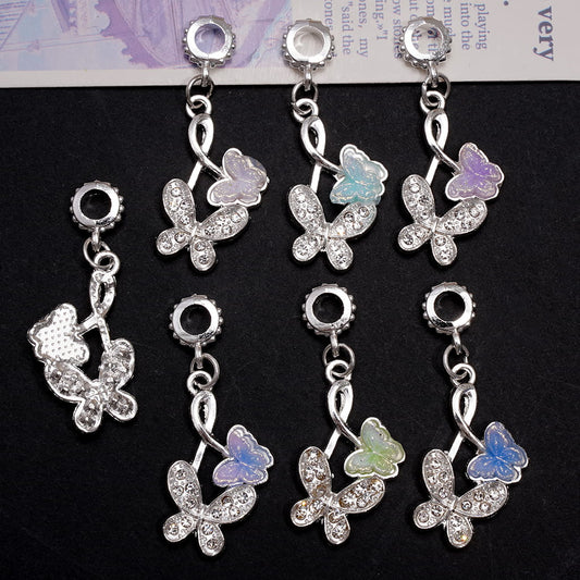 Silver Alloy Bail Loop Beads Double Butterfly Rhinestone Hanging Charms Clear Rhinestones, Jewelry Accessories, Random Mix