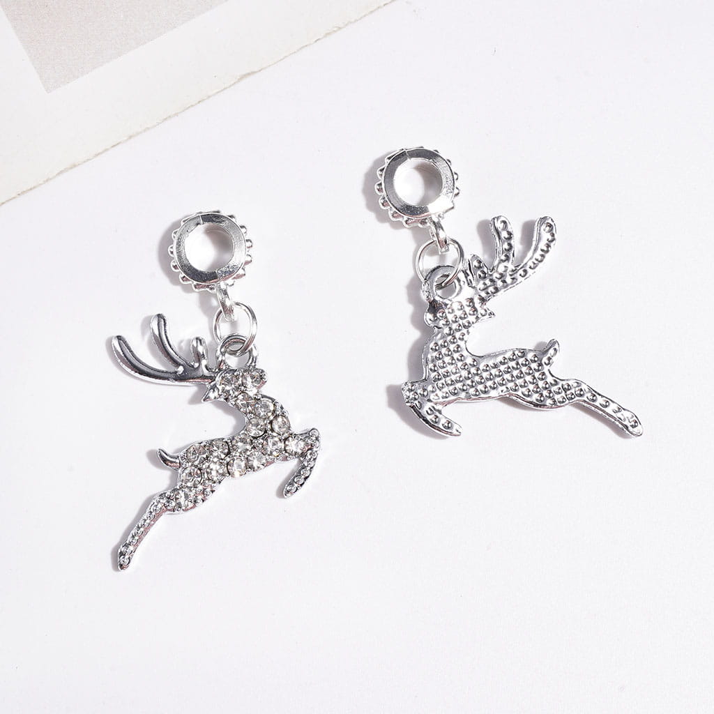 Cute Silver Jumping Reindeer Design with Clear Rhinestones Metal Bail Beads for Hanging Charms and Pendants