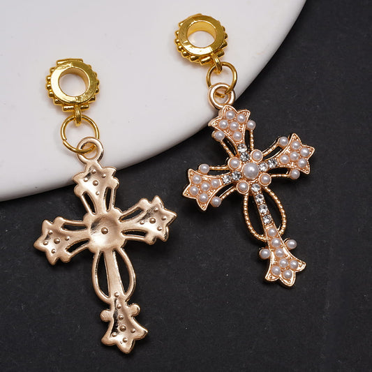 Gold Alloy Bail Beads with Cross Pendant Charms Clear Rhinestones & White Pearls Religious Elegant Jewelry Accessories Random Mix