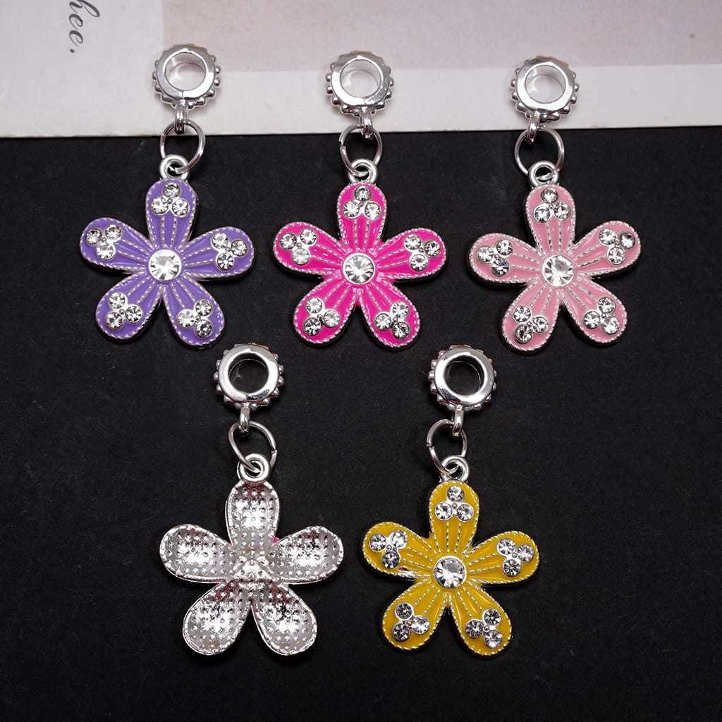 Silver Metal Bail Beads, Charm Pendants Flower with Clear Rhinestones on Petal