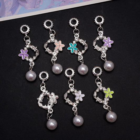 Silver Metal Bail Jump Ring Beads, Charm Pendants Wreath with Clear Rhinestones and Dangling White Pearl