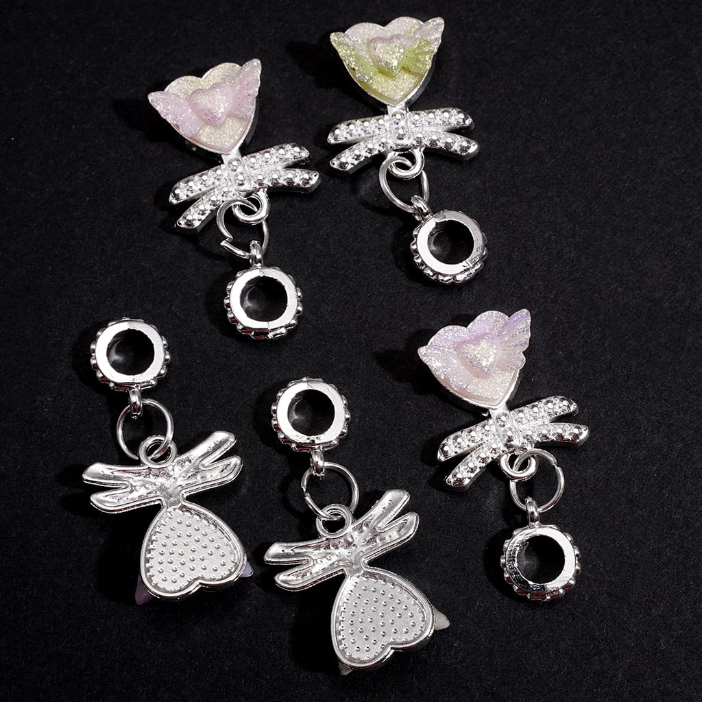 Silver Alloy Bail Loop Beads, Charm Pendants Dragonfly Wings Heart with Shiny Heart & Angel Wings, Random Mix