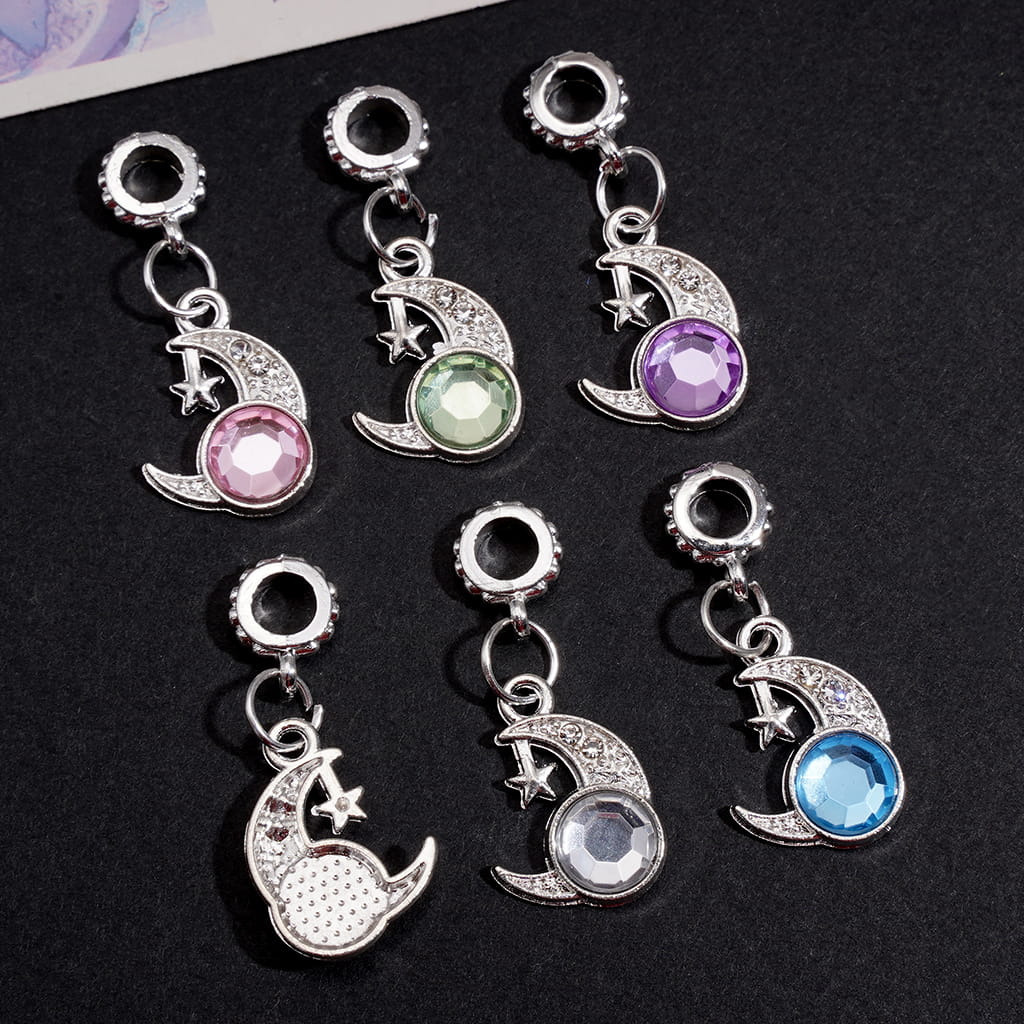 Crescent Moon and Star Silver Metal Charm Pendants with Rhinestones Bail Beads Random Mix