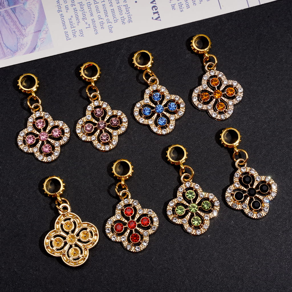 Gold Metal Bail Jump Ring Beads, Charm Pendants Four Leaf Clover with Bling Rhinestones, Random Mix